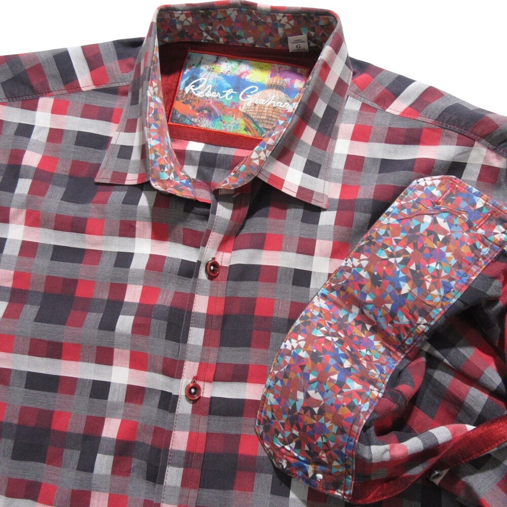 Robert Graham Mens Button Up Shirt L Classic Fit Red Gray White Plaid Check Flip